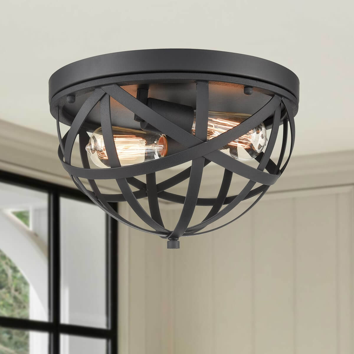 Industrial Black Dome Cage Ceiling Light-2 Light Fixture