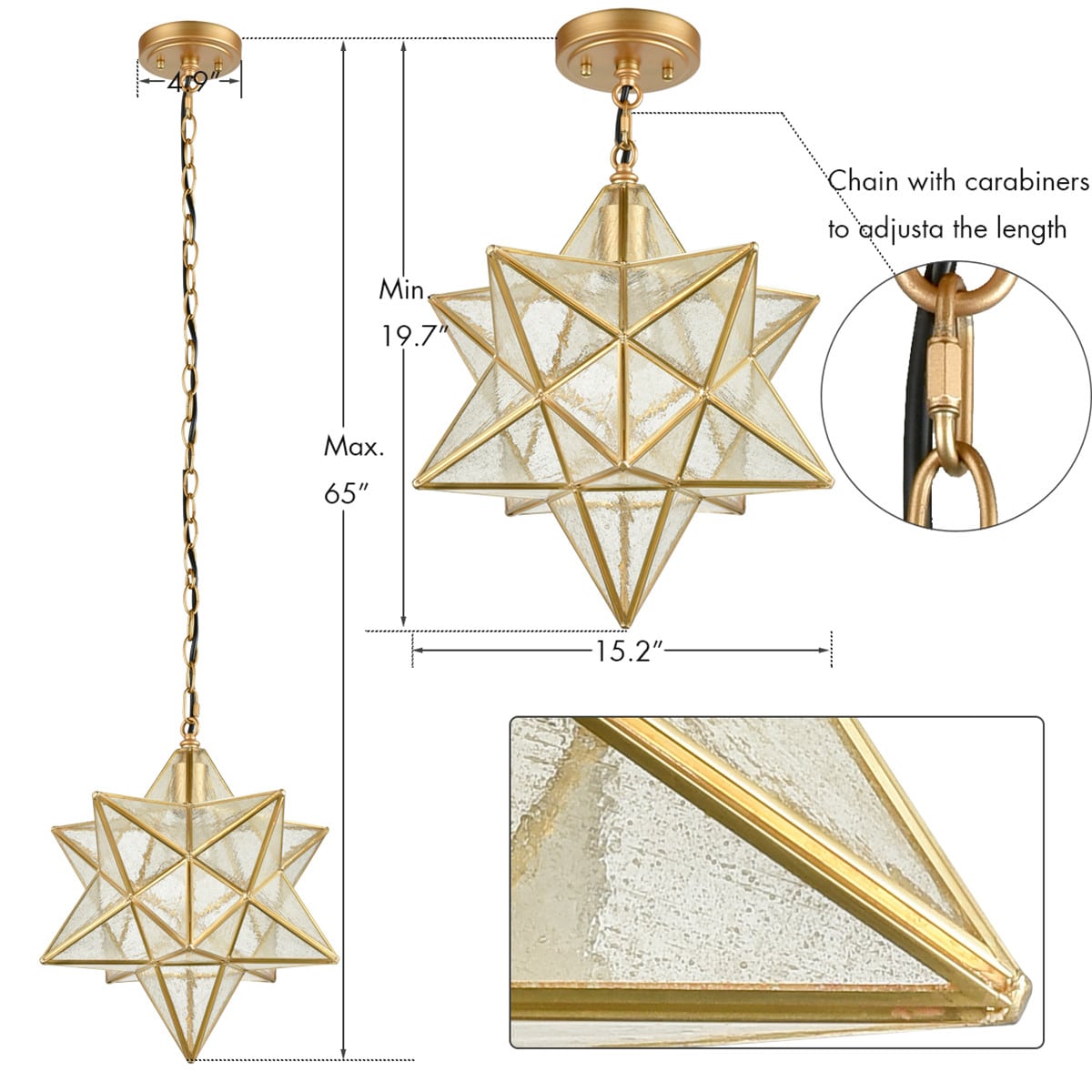 Brass Moravian Star Seeded Glass Shade Pendant Light Claxy
