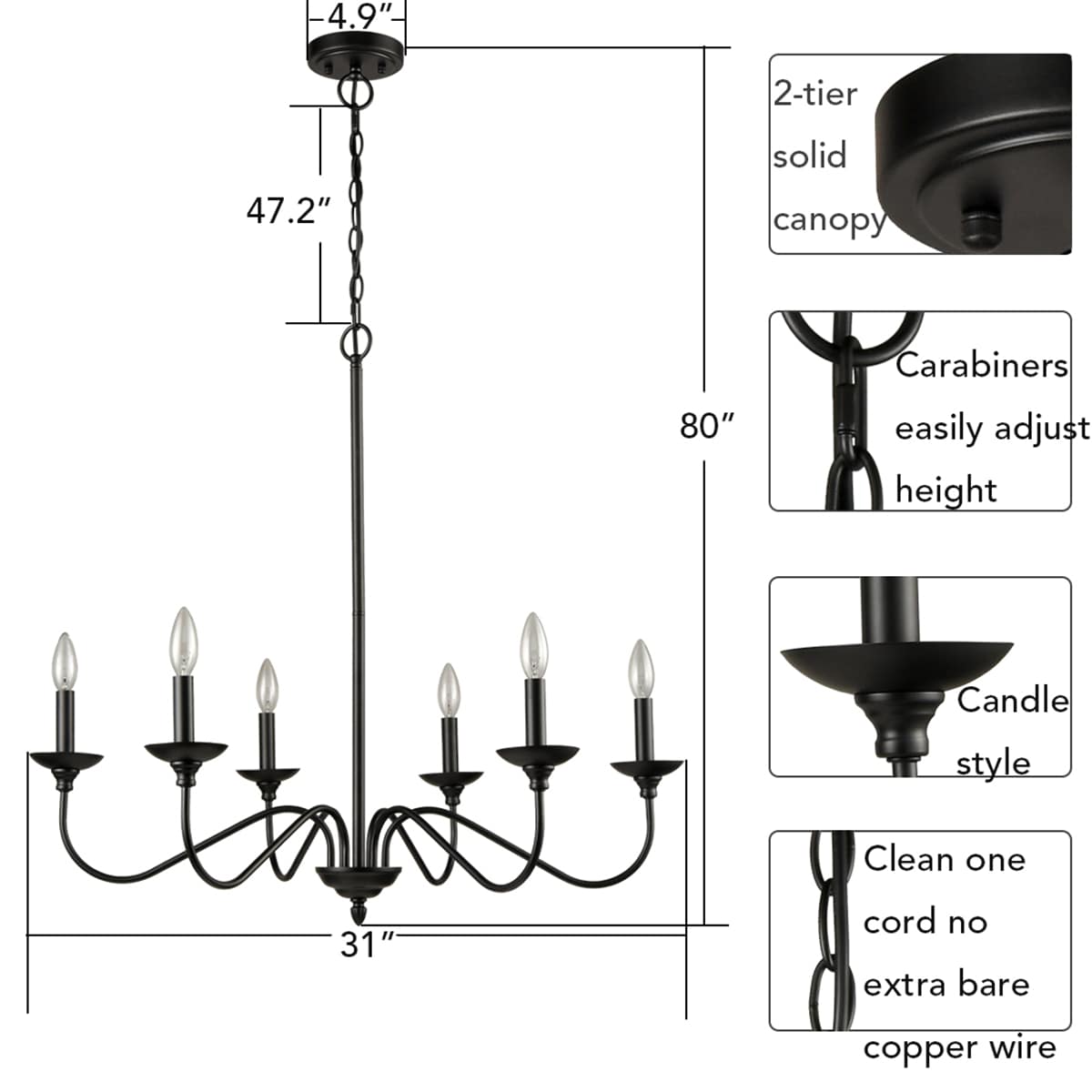 Black Farmhouse Candle style Chandelier 6 Lights Claxy