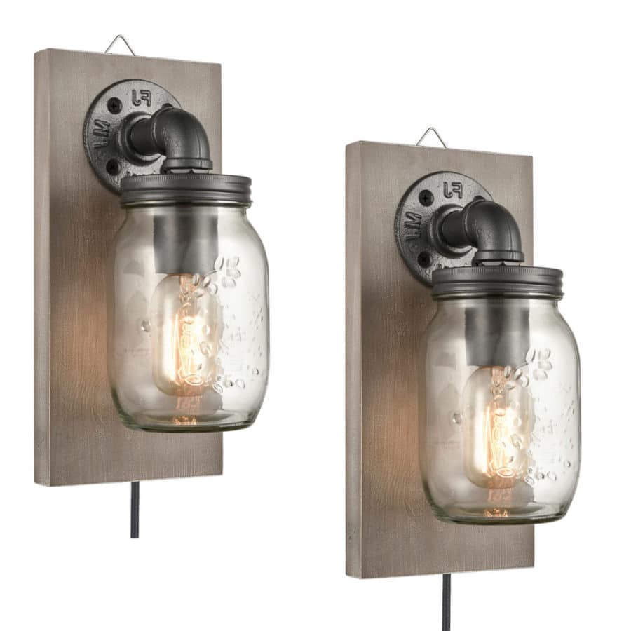 Rustic Wood Plate Plugin Mason Jar Bedroom Wall Sconce Pack of 2 Claxy
