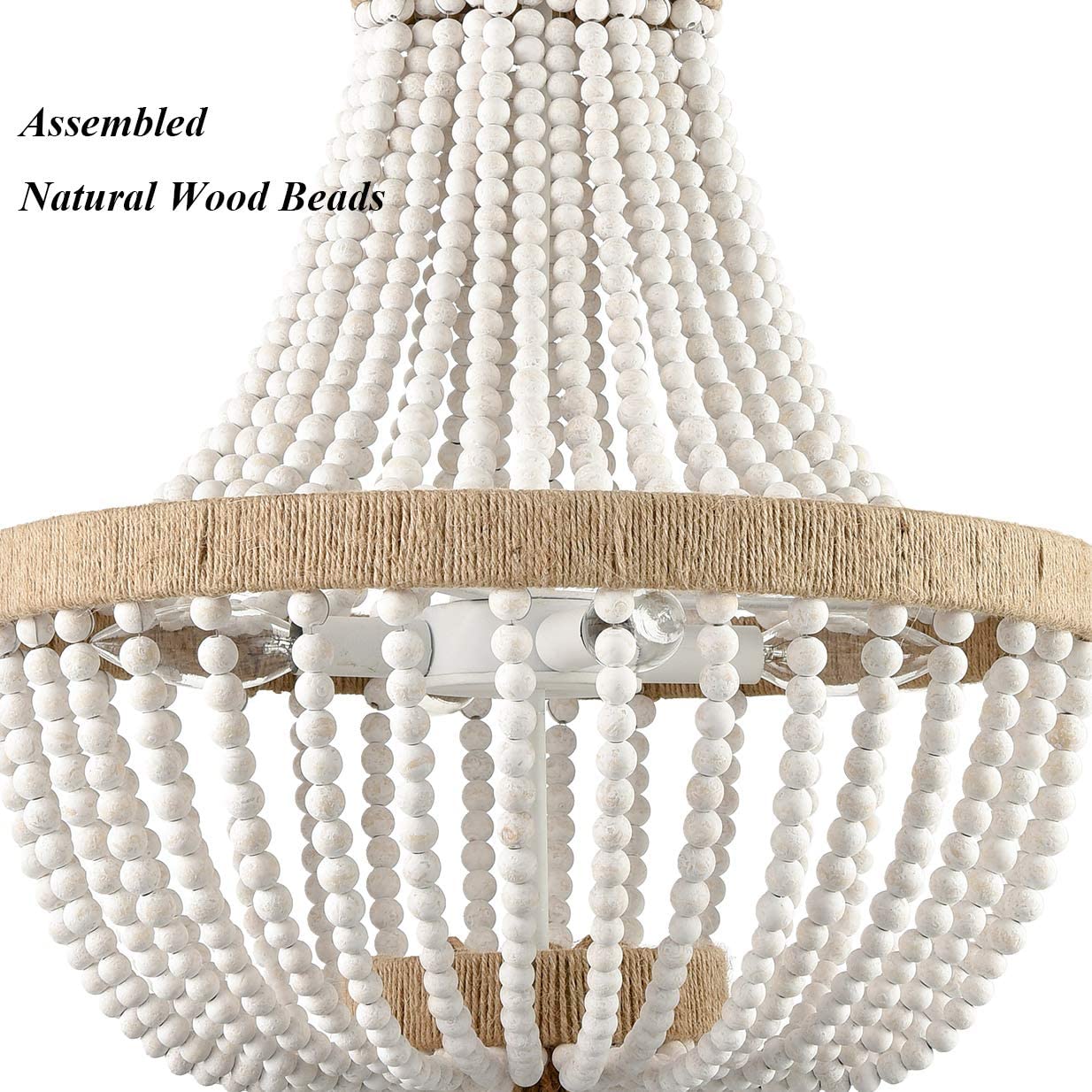 White Wood Beaded Farmhouse Large Dining Room Pendant Chandelier Claxy
