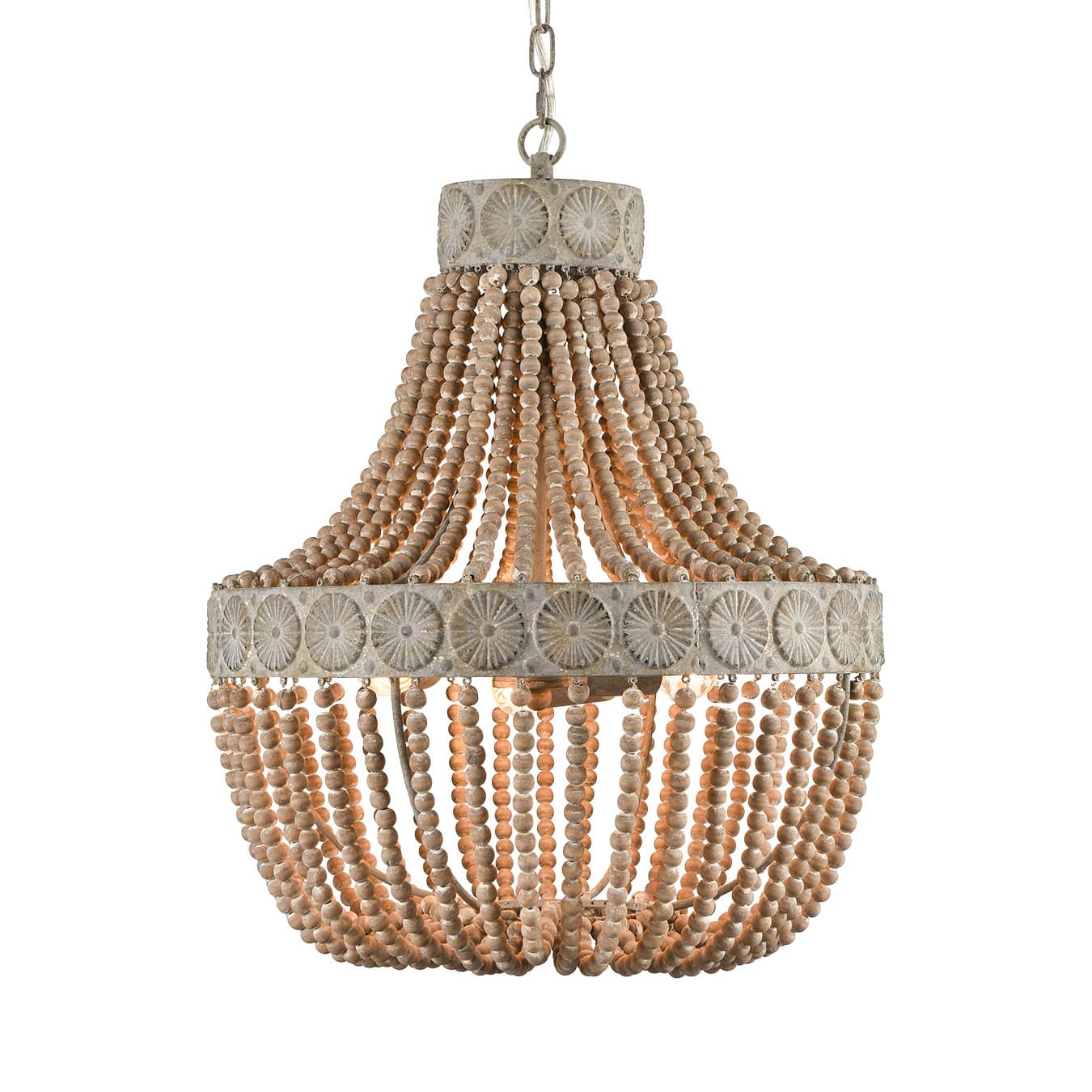 Wood Bead Farmhouse Distressed White Dining Room Chandelier | Claxy