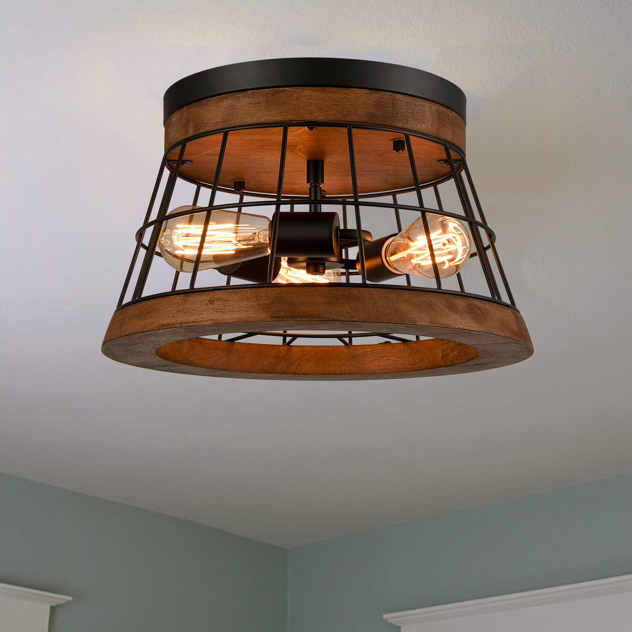Brown Rustic Oak Wood Farmhouse Round-shaped Ceiling Light | Claxy