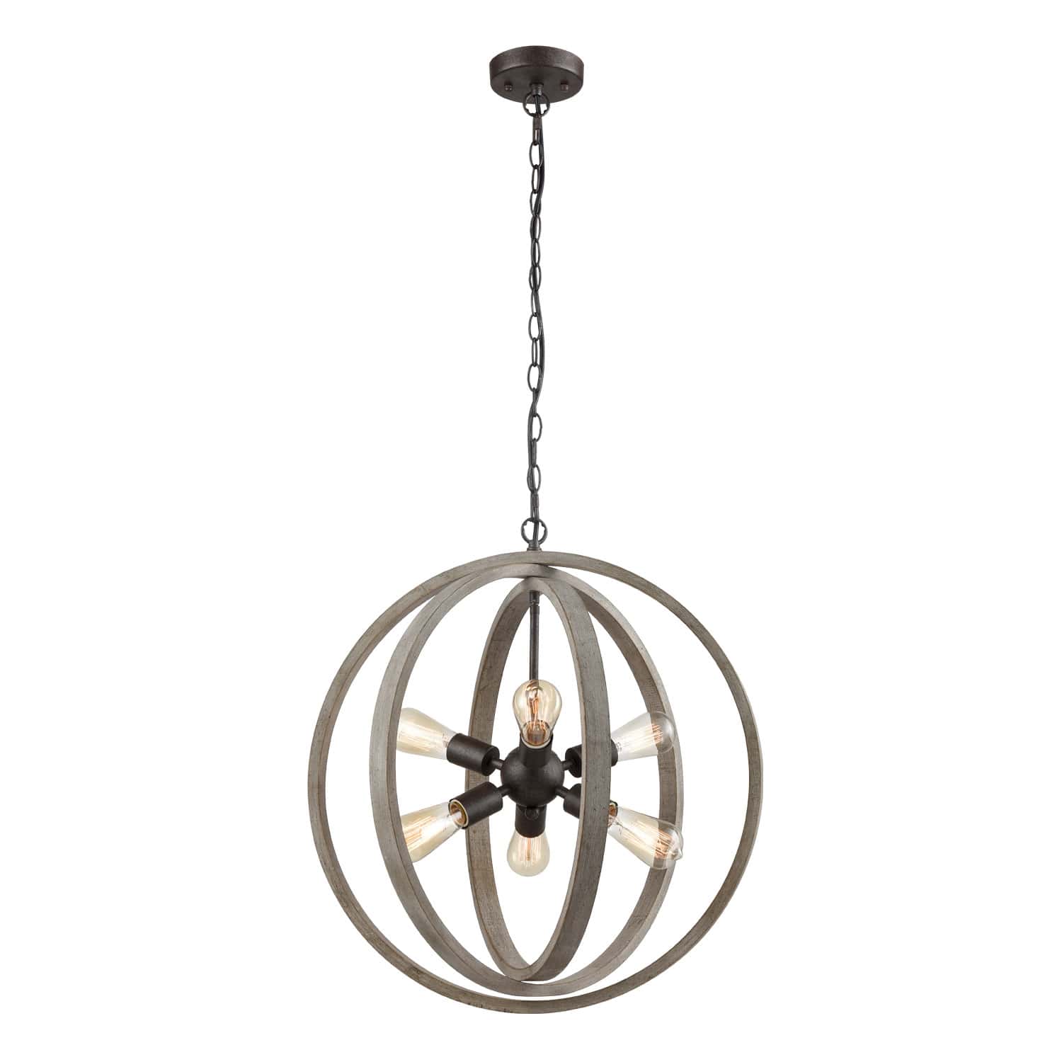 Rustic Pendant Chandelier with Globe Wood Shade - 6 Light