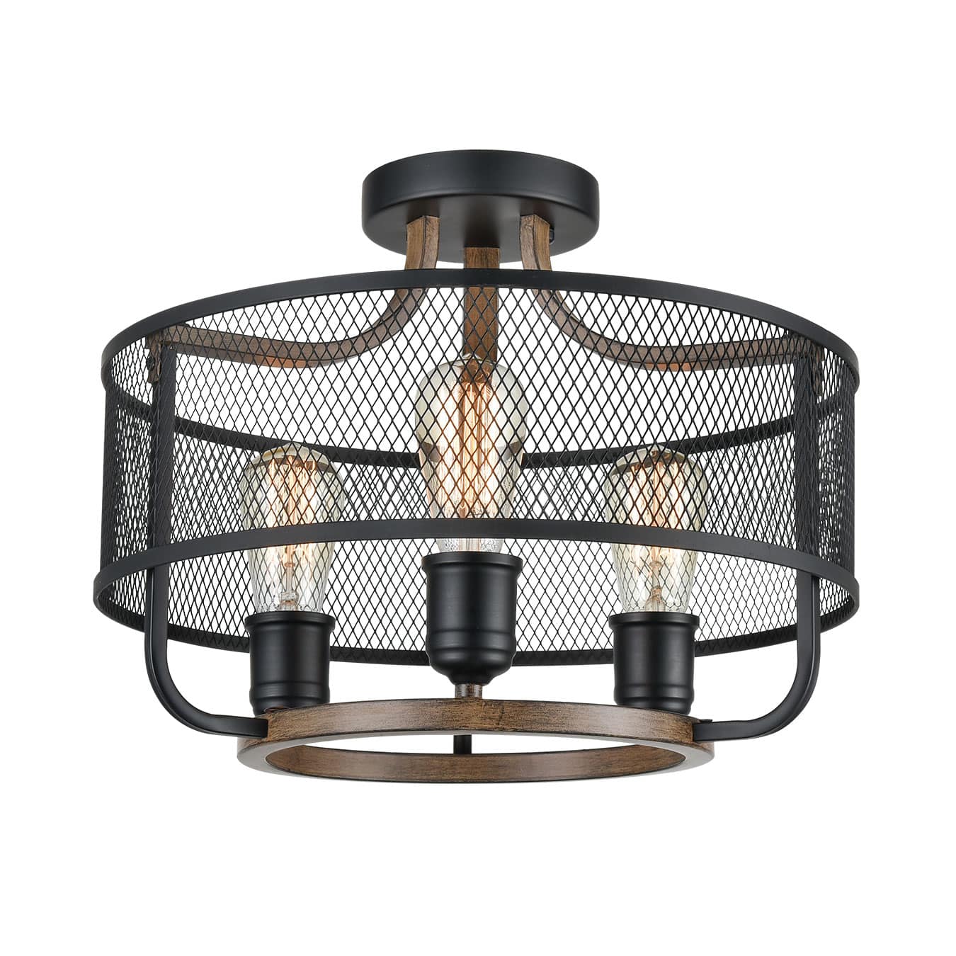 Wood Finish Black Metal Mesh Semiflush Mount Ceiling Light Claxy