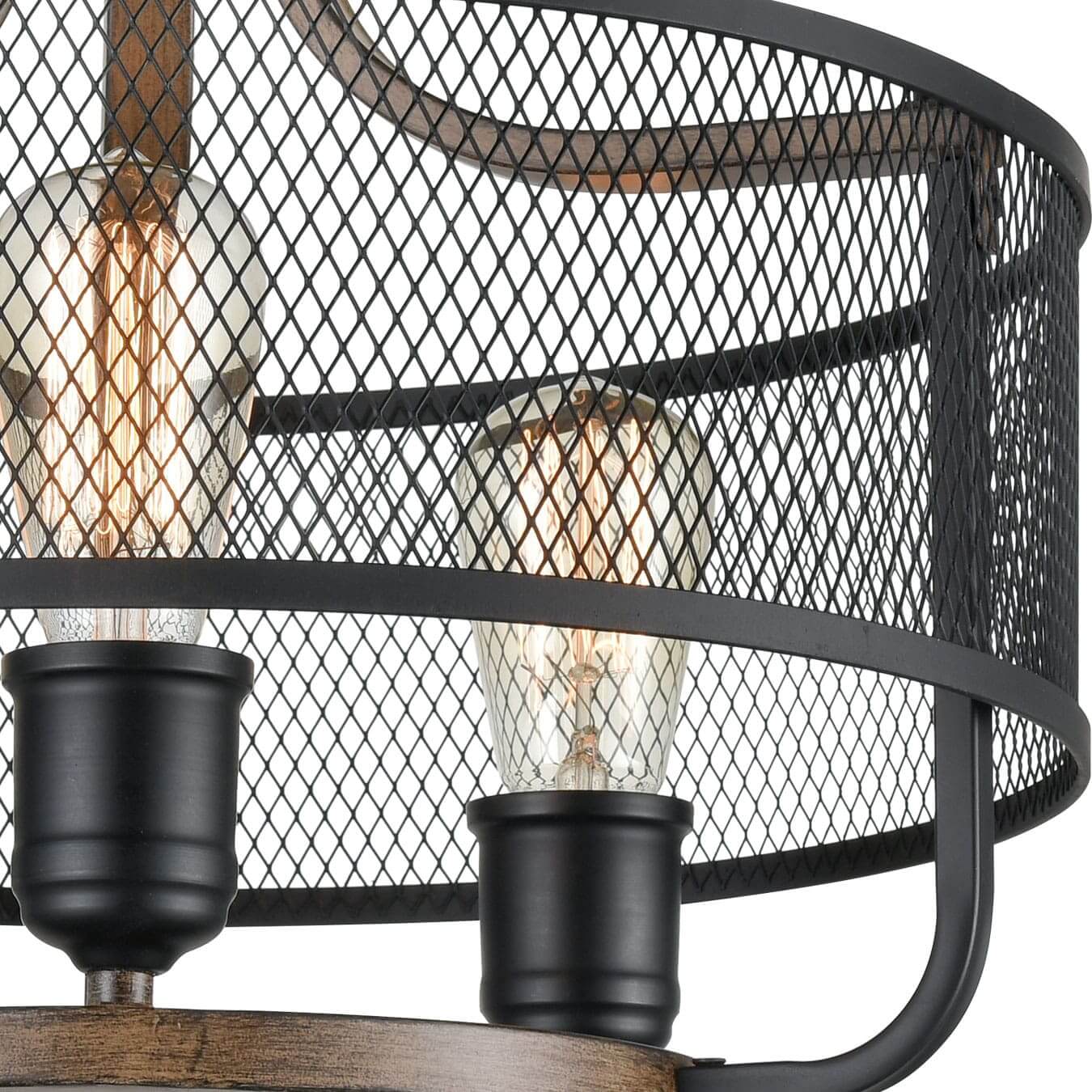 Wood Finish Black Metal Mesh Semiflush Mount Ceiling Light Claxy