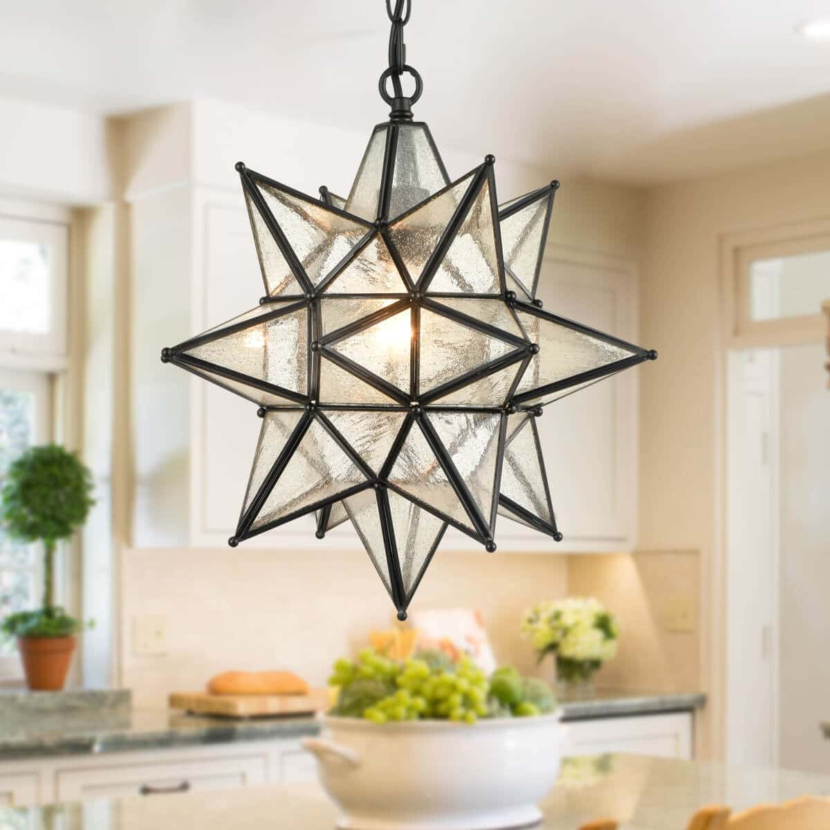 Black Moravian Star Pendant Chandelier with Seeded Glass (15 Inch) Claxy