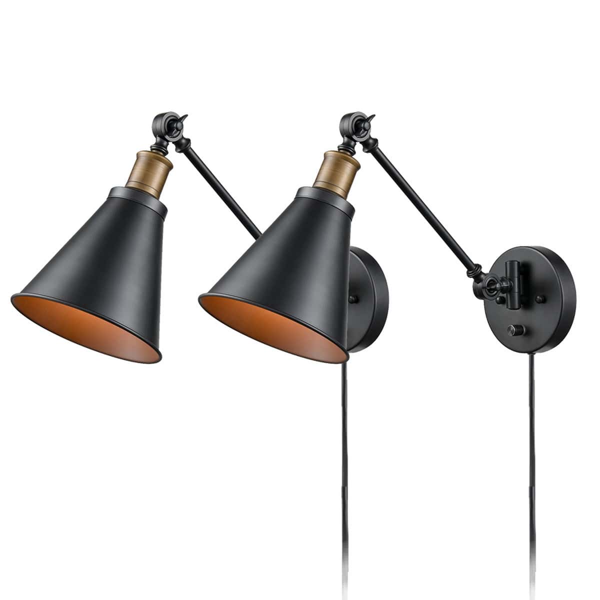 Industrial Black Plug-in Wall Lights Set of 2 Swing Arm Lamps