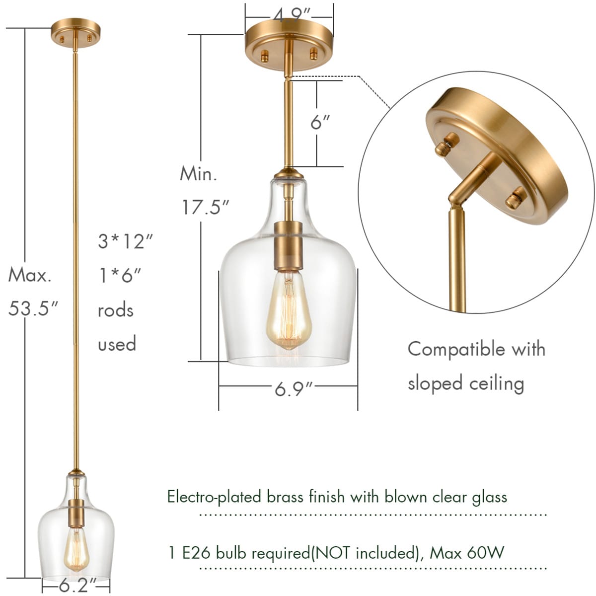 Brass Modern Glass RodHung Kitchen Pendant Light Claxy