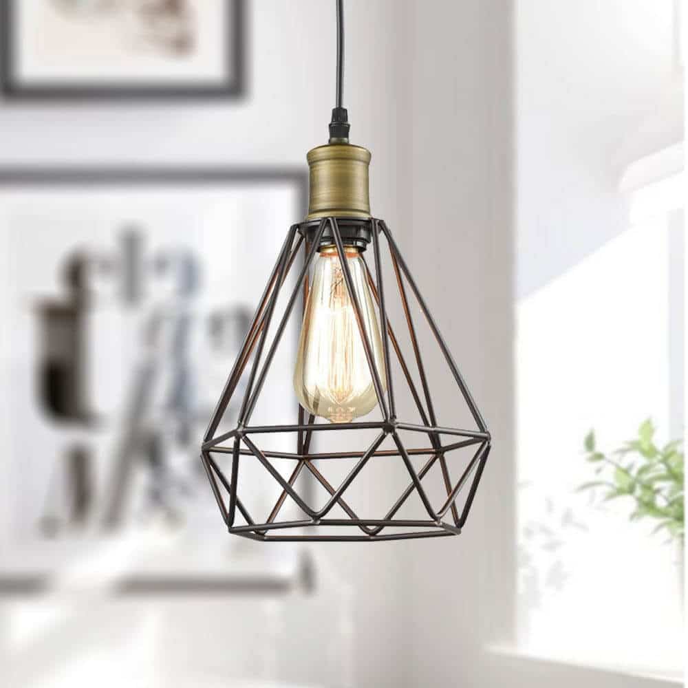 Polygon Farmhouse Metal Wire Cage Shade Plugin Pendant Light Claxy