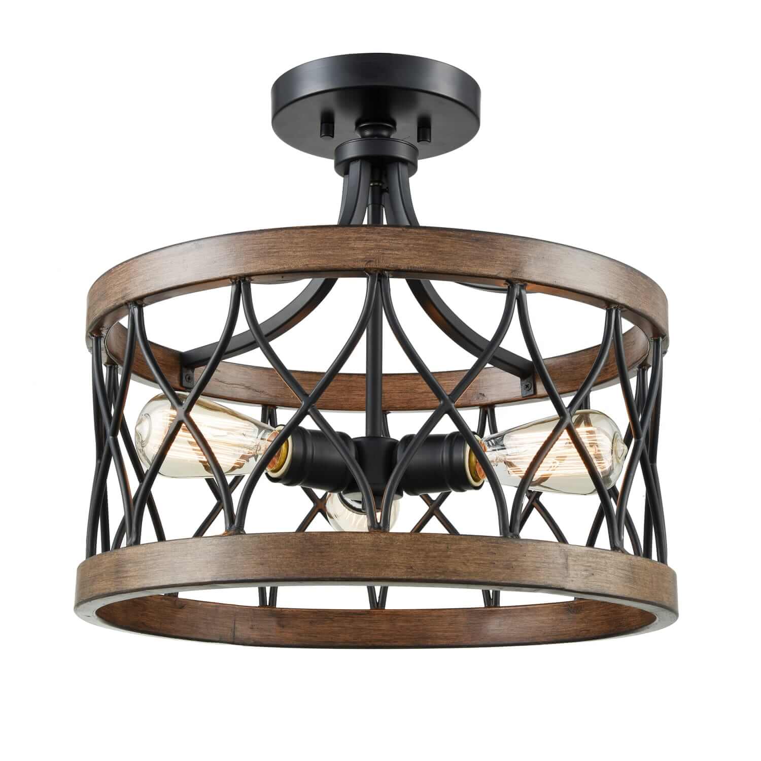 Industrial Wood Grain Metal Drum Shade Semiflush Ceiling Light Claxy