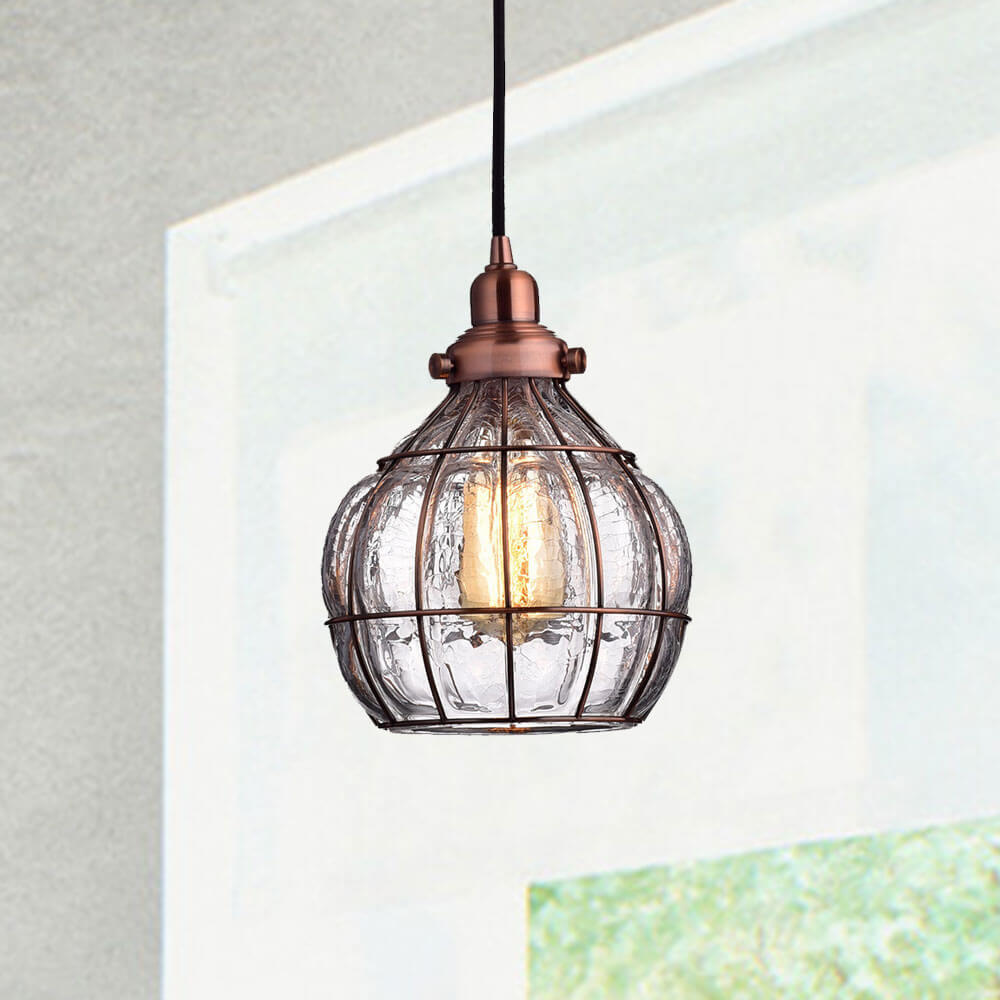 Rustic Cracked Glass Globe Pendant Lights, Red Copper Finish