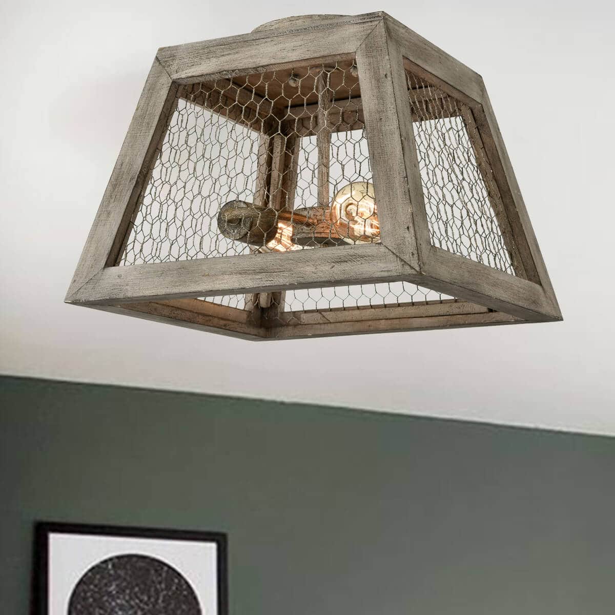 Distressed Grey Wood Rustic Flush Mount Ceiling Light Claxy