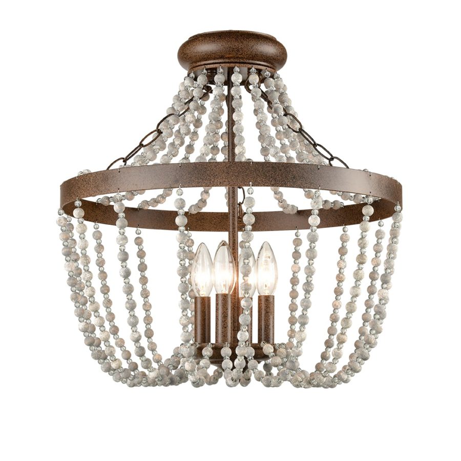 Wood & Crystal Bead Rustic Semiflush Mount Ceiling Light Claxy