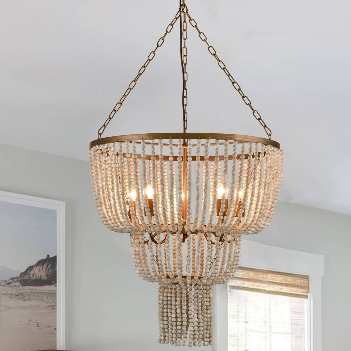 Wood Beaded Rustic Tiered Basketshaped Chandelier 5 Lights Claxy