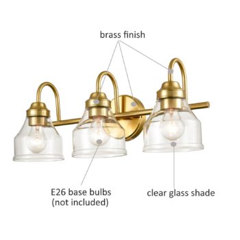 Modern Brass Bathroom Light Fixture 3-Light with Clear Glass Shade