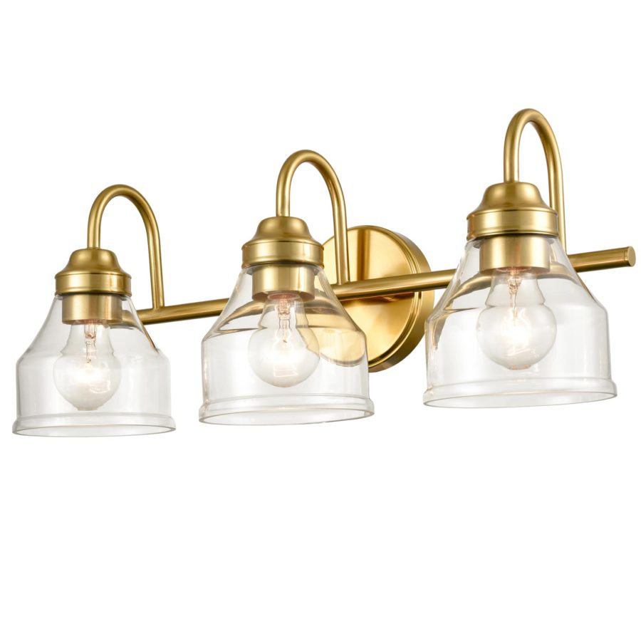 Modern Brass Bathroom Light Fixture 3-Light with Clear Glass Shade