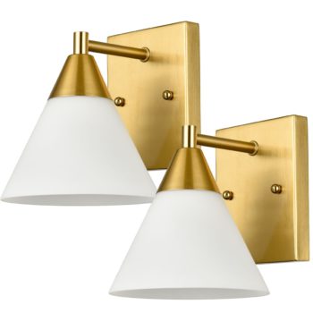 Modern Brass Wall Sconces Set of 2 with Cone Opal Glass