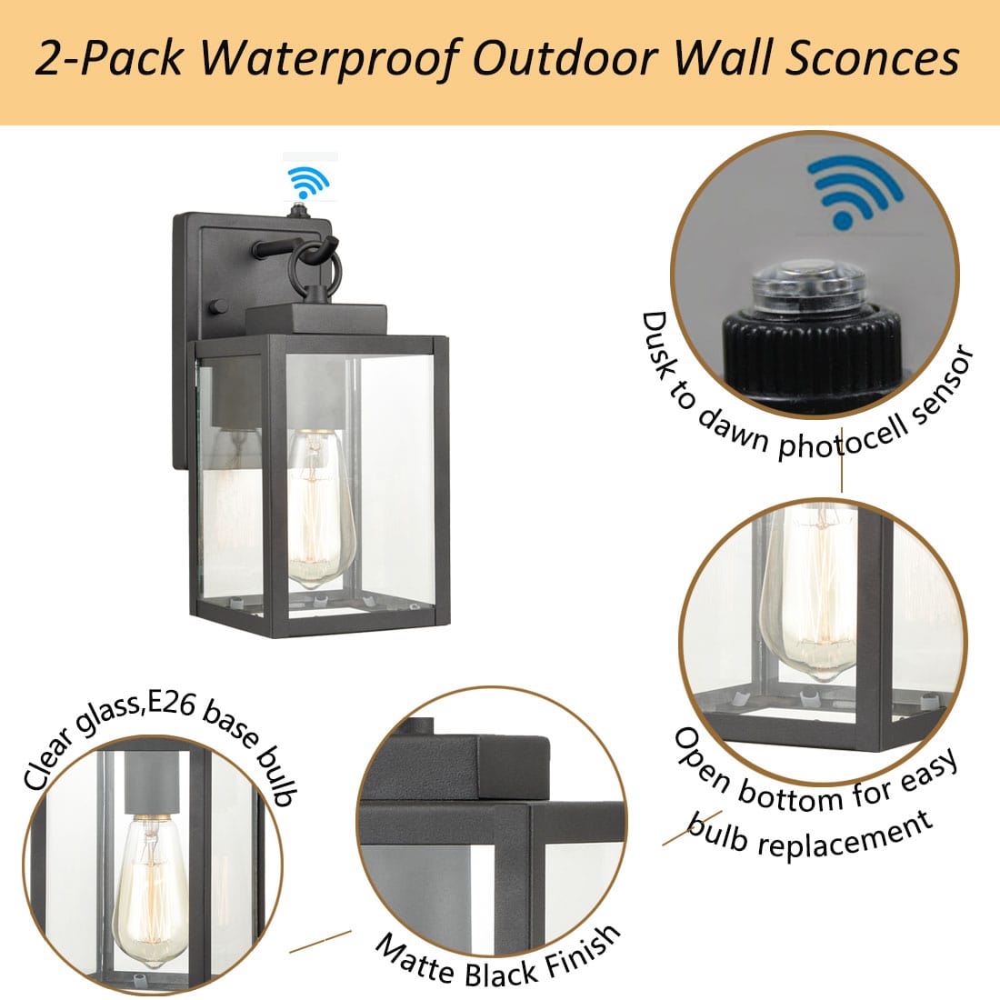 Set of Two Outdoor Porch Light Wall Light Dusk to Dawn CLAXY