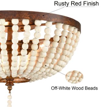 Farmhouse Flush Mount Ceiling Light 15 Inches Rusty Red Wood Bead