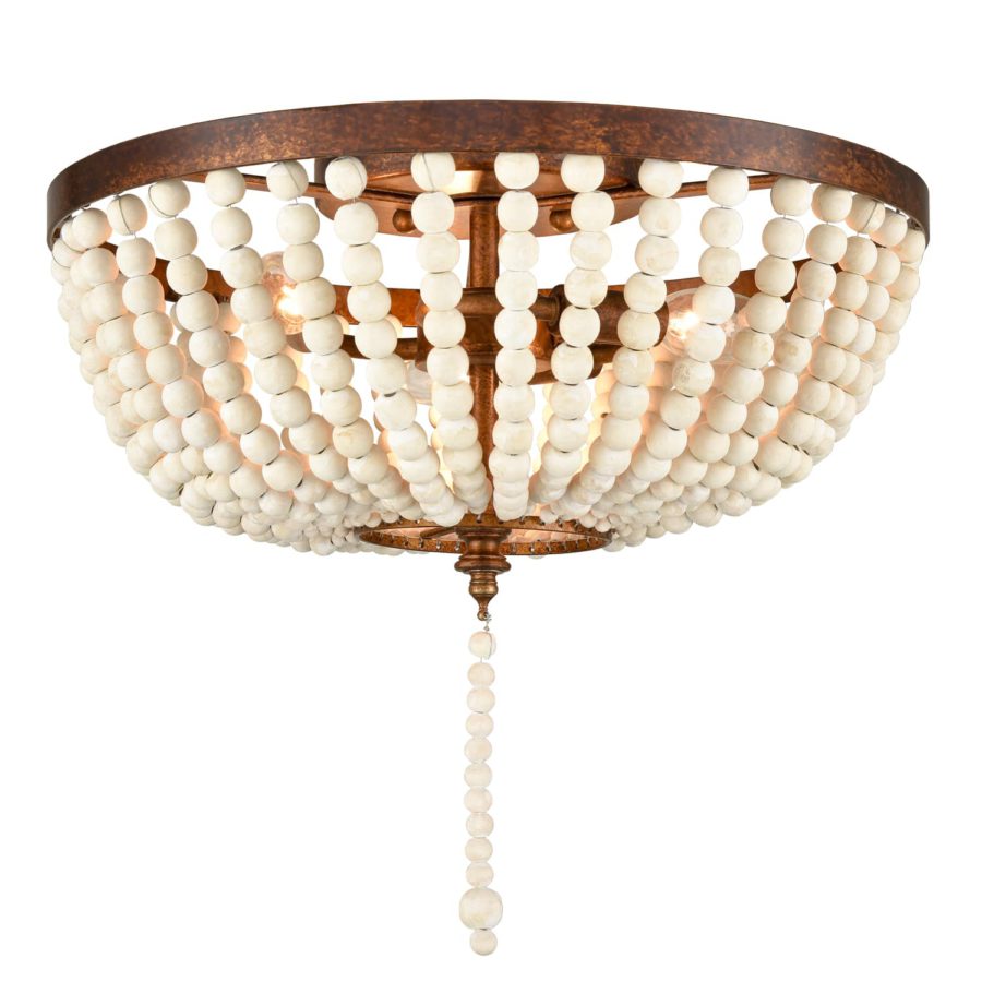 Farmhouse Flush Mount Ceiling Light 15 Inches Rusty Red Wood Bead