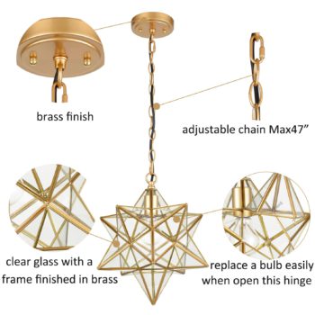 Brass Moravian Star Pendant Light 14-inch Clear Glass Shade