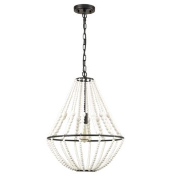 Rustic Wood Beaded Chandelier Distressed Off-White Finish