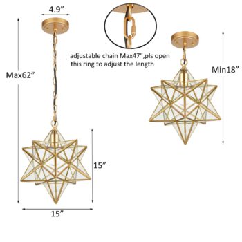 Brass Moravian Star Pendant Lights Clear Glass Shade, 15-Inch