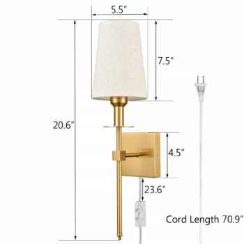 Gold Wall Sconce Sets of 2 Beige Linen Shade Plug-in Porch Light