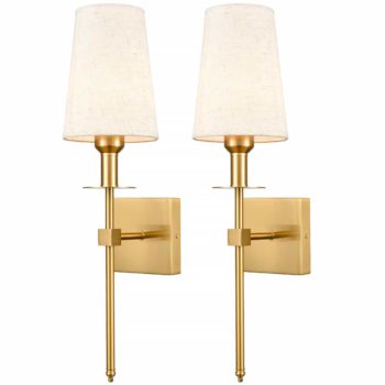 Gold Wall Sconce Sets of 2 Beige Linen Shade Plug-in Porch Light