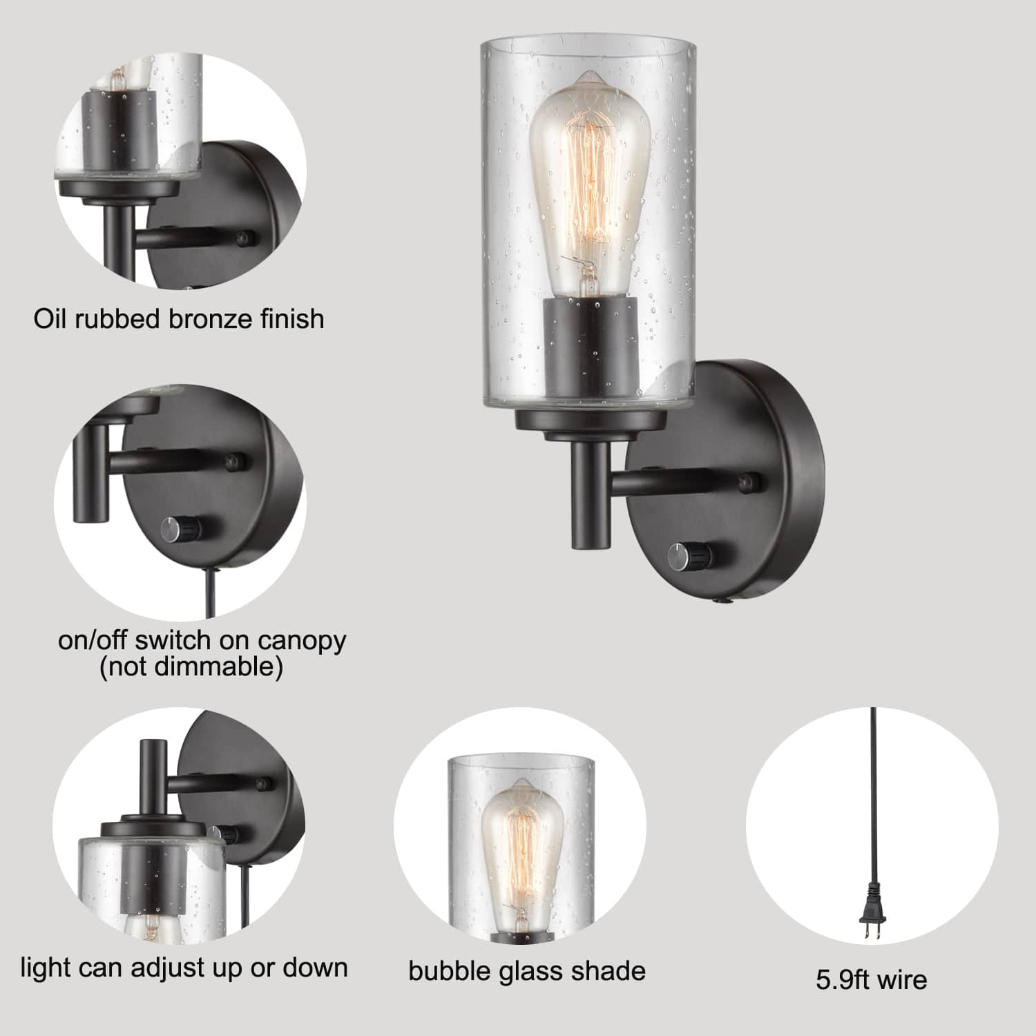 Wooden Finish Cloudy Bay Wall Sconce,1x7.5W ST21 Bulb,Clear Bubble Glass,Oil Rubbed Bronze 