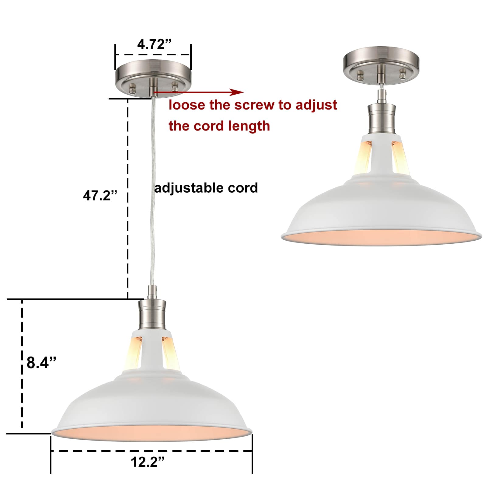 Industrial Brushed Nickel Barn Pendant Light White Shade