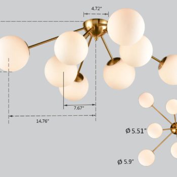 Mid Century Brass Sputnik Ceiling Light Opal Glass Shades 8-Light