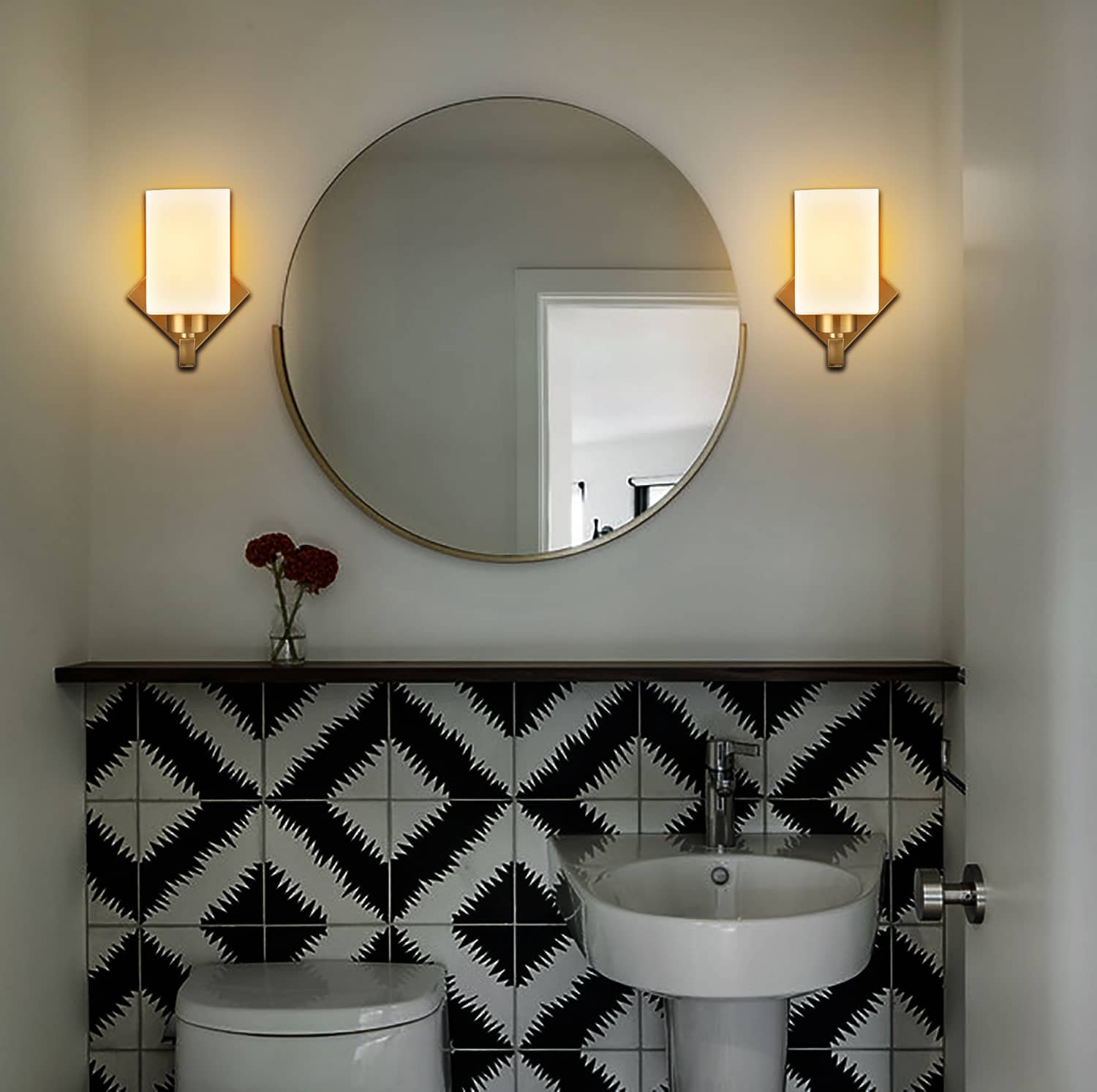 Set of 2 Square Brass Gold Wall Light Fixtures with Glass