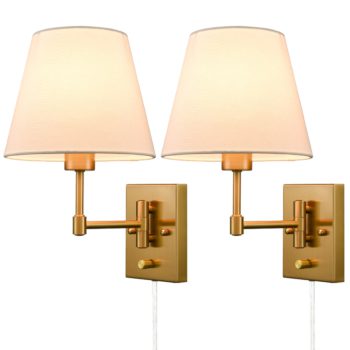 Plug-in Wall Sconces Set Of Two Beige Shade Swing Arm Wall Lamp