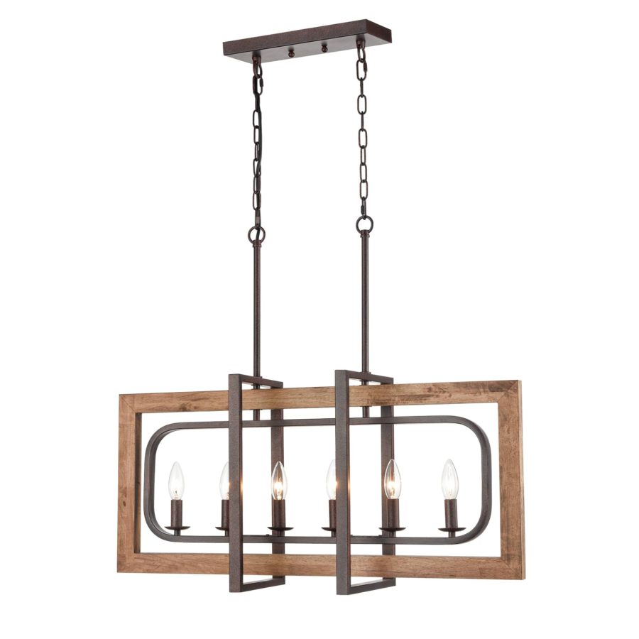 Rustic 6-Light Wood Pendant Chandelier Light for Dining Room in Rust & Brown Finish