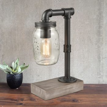 Vintage Mason Jar Table Lamp Disressed Wooden Base Reading Lamp