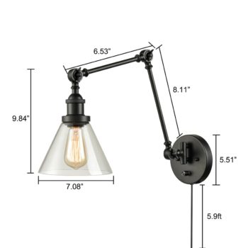 Black Swing Arm Plug-in Wall Light with Bell Clear Glass Shade