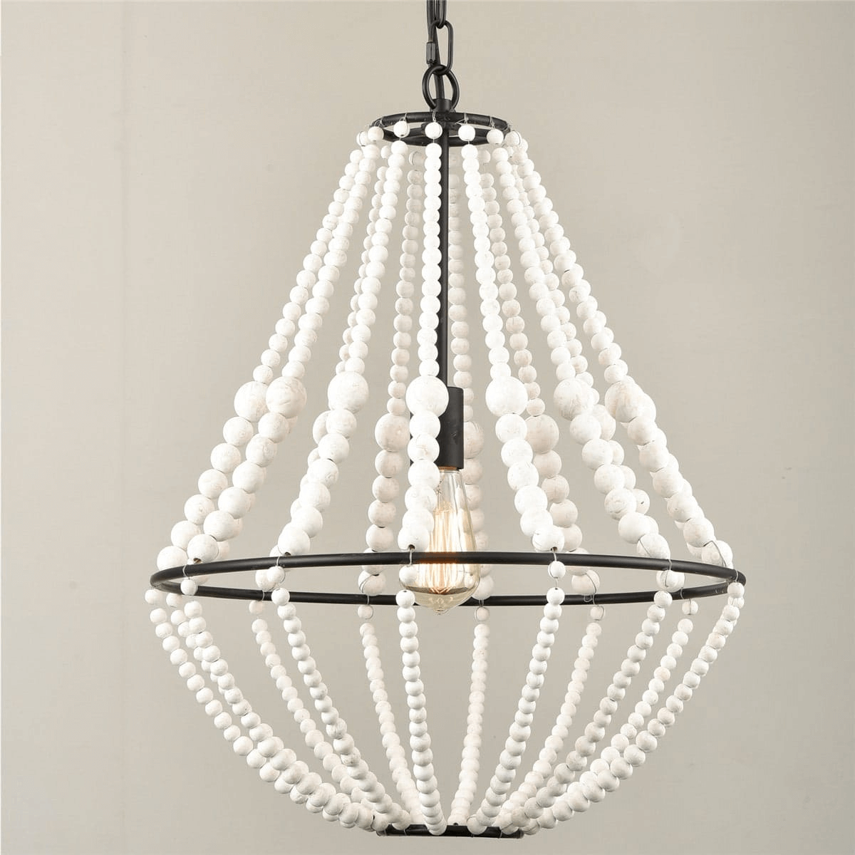 Distressed Off-White Rustic Wood Beaded Chandelier