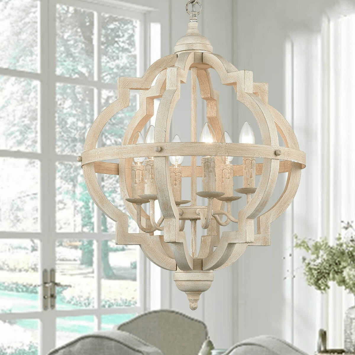 Distressed Off-white Wooden Sphere Chandelier