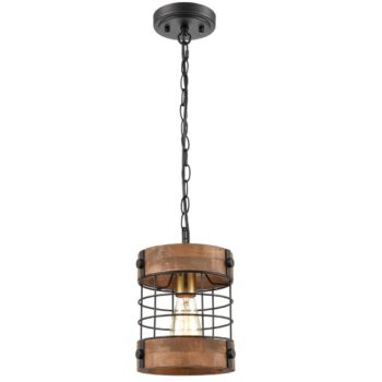 Farmhouse Metal Wood Cage Pendant Hanging Light Distressed Brown