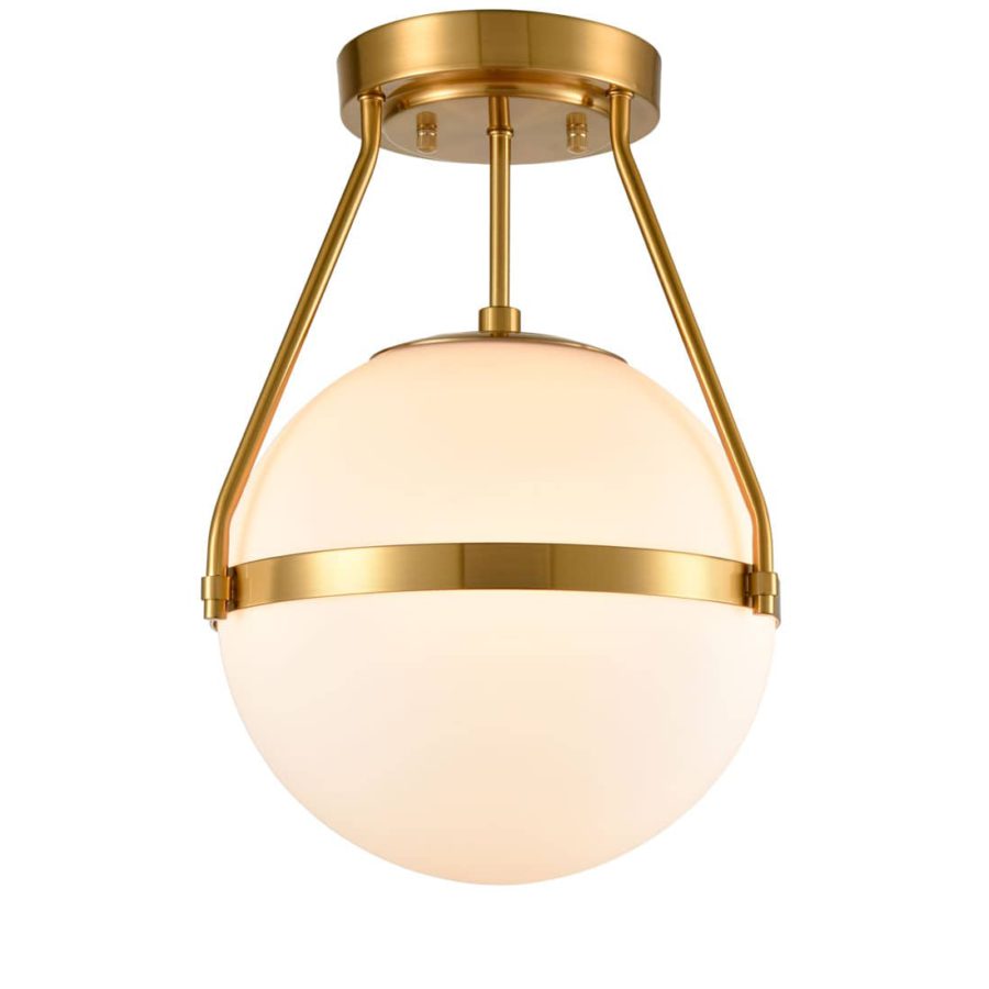 Mid Century Brass Globe Semi Flush Mount Ceiling Light Opal Glass Shade