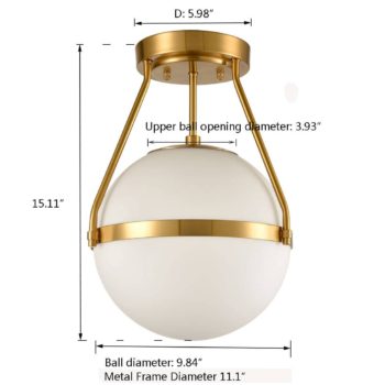 Mid Century Brass Globe Semi Flush Mount Ceiling Light Opal Glass Shade