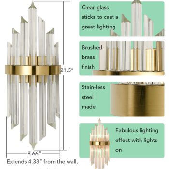 Modern Gold Brass Glass Crystal Wall Sconce Set of 2