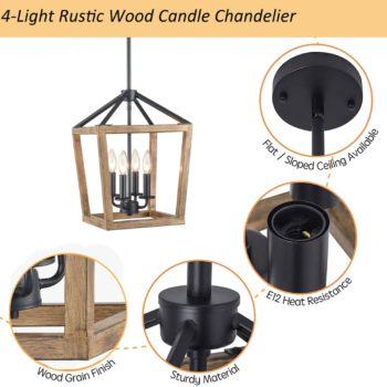 Rustic 4-Light Candle Chandelier Metal Pendant Light Wood Finish