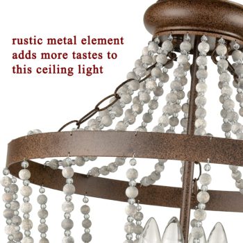 Rustic Wood and Crystal Bead Semi Flush Mounting Ceiling Light