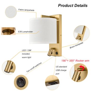 2-Pack Brass Bedroom Fabric Wall Lamp with USB Charging Port + Reading Light