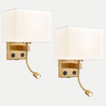 2-Pack Modern Fabric Wall Lamp Brass w/USB Charging Port + LED Reading Light
