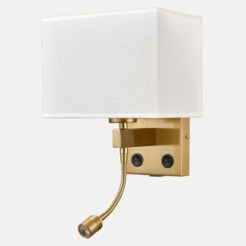 2-Pack Modern Fabric Wall Lamp Brass w/USB Charging Port + LED Reading Light