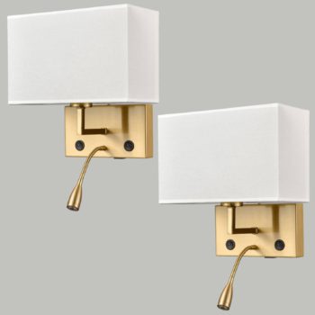 2 pack Modern Gold with white Fabric Wall Sconces with USB Charging PortLED lightingTwin onoff Switch for Bedroom 4